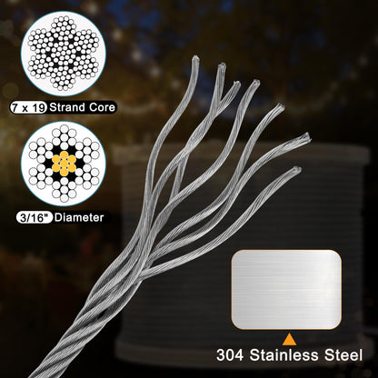 Thickened 3/16" Stainless Steel Cable, 500FT Wire Rope,7X19 Strands Aircraft Cable, 4000lbs Breaking Strength for Pulling, Lifting, Deck Cable Railing System, Zip Line, Line Lights and DIY Balustrade