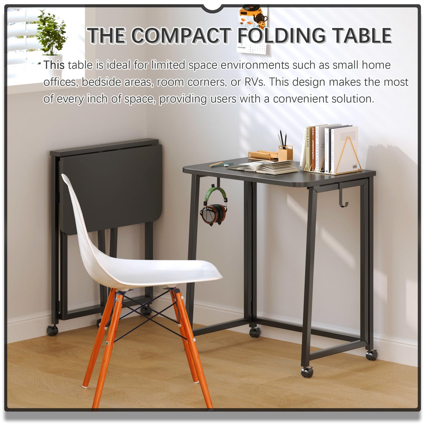 4NM 23.6" Mobile Small Folding Desk, Foldable Rolling Computer Home Office Desk, Study Writing Table for Small Space Saving Bedroom, with Wheels - All Black