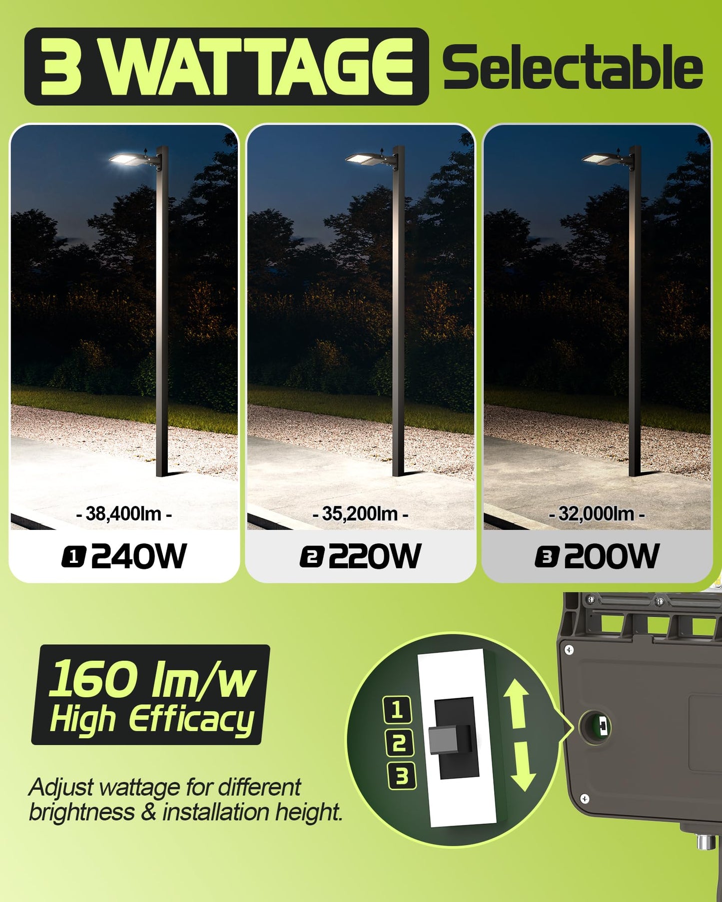 AULACE LED Parking Lot Light 240W/220W/200W Selectable, Dimmable 38400LM 160LM/W 5000K, Dusk to Dawn Photocell, IP65/ETL/100-277V, Arm Mount & Slip Fitter for Plazas, Streets, Commercial Areas & Lots