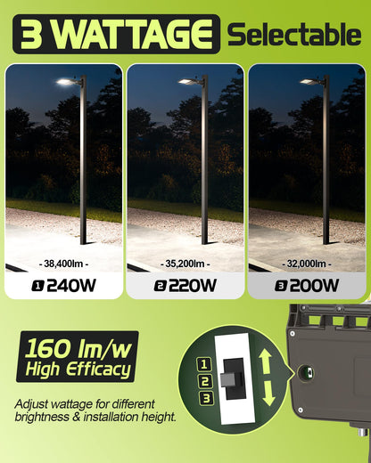 AULACE LED Parking Lot Light 240W/220W/200W Selectable, Dimmable 38400LM 160LM/W 5000K, Dusk to Dawn Photocell, IP65/ETL/100-277V, Arm Mount & Slip Fitter for Plazas, Streets, Commercial Areas & Lots