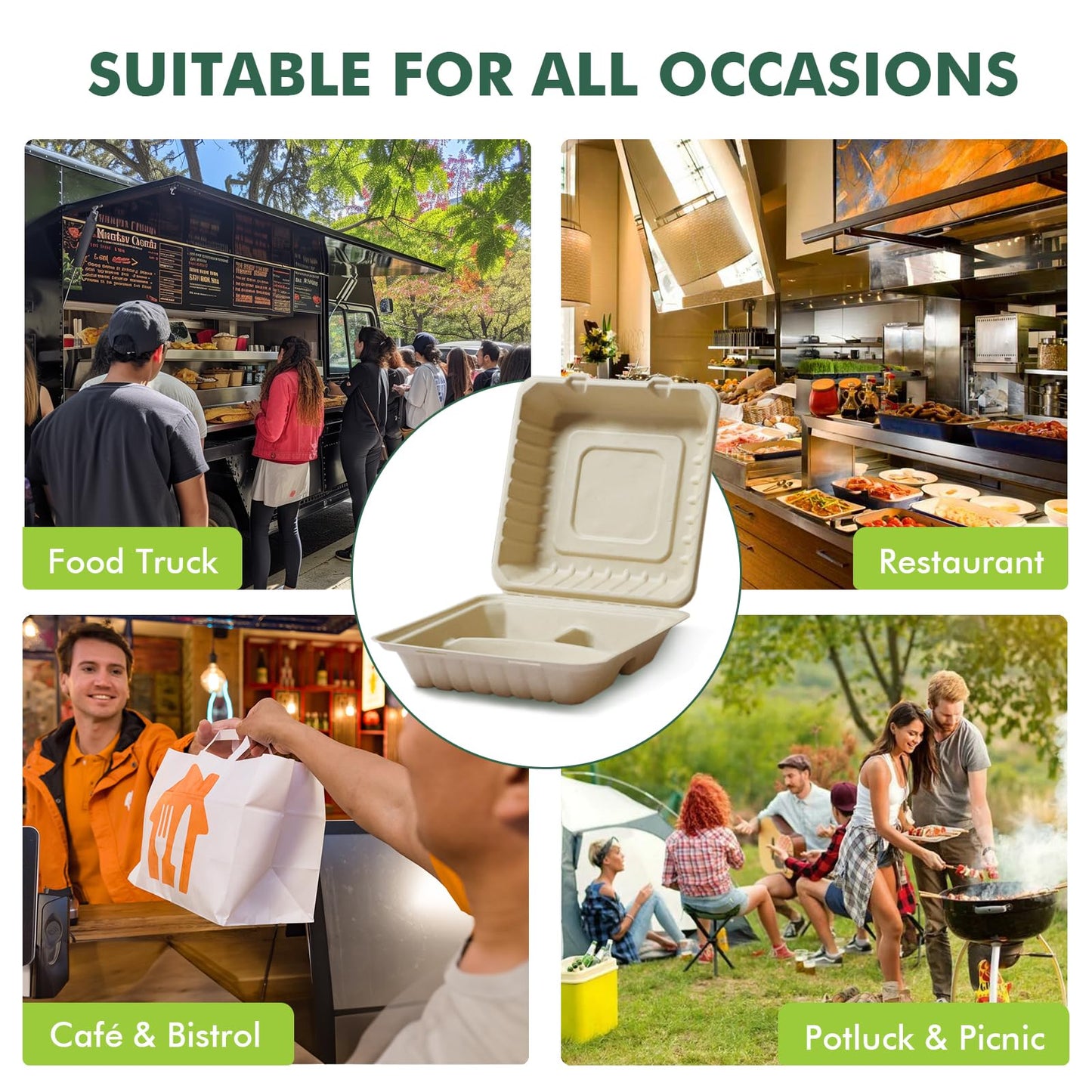 yoyomax [9x9-300Pack] 100% Compostable To Go Food Containers with Lids, 3-Compartment Take Out Clamshell Container, Bio Disposable | Eco Friendly | Heavy-Duty Boxes, Made of Sugarcane Fibers