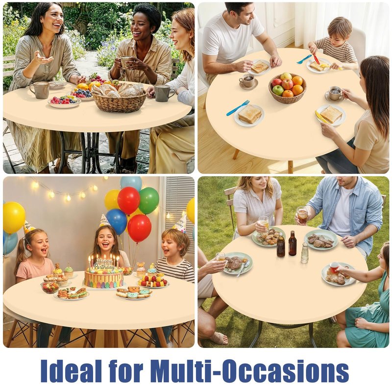 Moosfor Round Spandex Tablecloth, Elastic Fitted Waterproof Tablecloths for 57"-68" Tables, Stretch Washable Picnic Table Cover for Camping, Dining, Indoor and Outdoor,Ivory