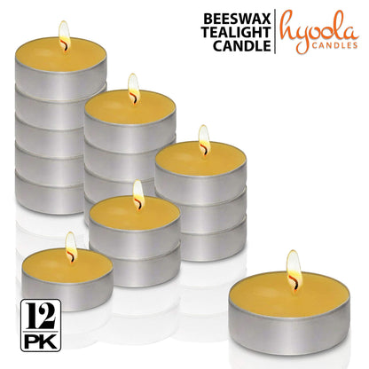 HYOOLA Beeswax Tealight Candles in Aluminum Cup - 12 Pack - 100% Pure Natural Beeswax Candles
