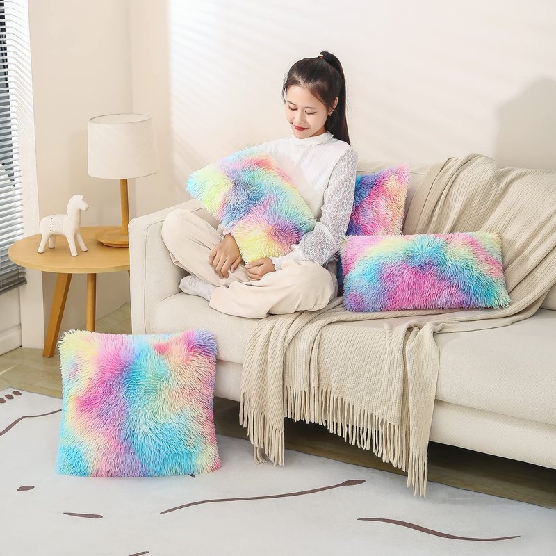 Dongchen Soft Fur Faux Fur Throw Pillow Covers Pack of 2 Peach Blush Plush Decorative Tie Dye Pink Throw Girls Pillow Covers Cute Cushion Cases Pillowcases for Sofa Couch Living Room Bedroom