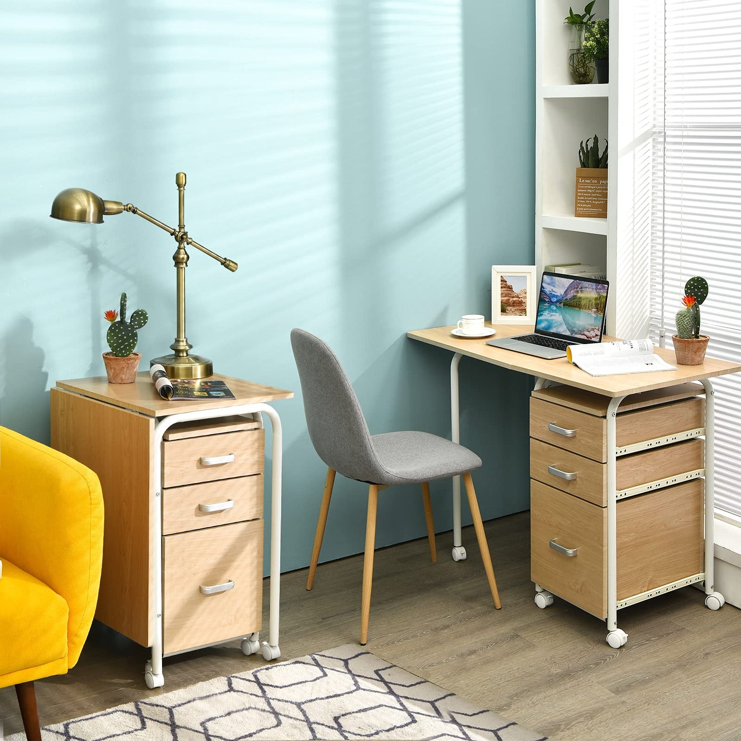 Tangkula Folding Computer Desk with 3 Drawers, Mobile Home Office Desk, Portable Laptop Desk Writing Table, Space Saving Compact Desk for Small Spaces, Dorm, Apartment