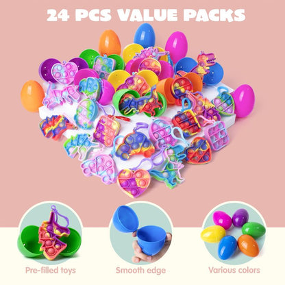 JOYIN 24 Pcs Pre Filled Easter Eggs with pop Keychain Toys for Easter Theme Party Favor, Pop Fidget Stress Relief Squeeze Bubble for Eggs Hunt, Classroom Exchange and Game Prize Supplies