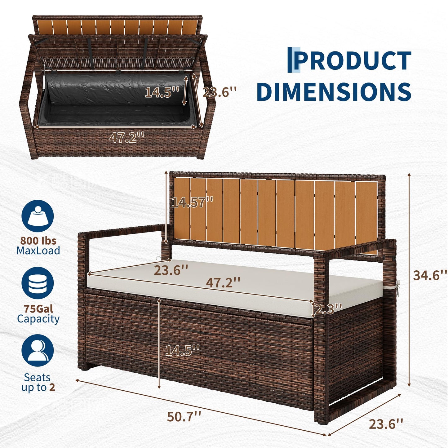Outdoor Storage Bench with Cushion, 2-Seater PE Rattan Storage Box with Backrest & Armrests, 75 Gallon, 400 lbs Capacity Weatherproof Patio Bench for Garden, Balcony, Porch, Pool, Yard,Dark Brown