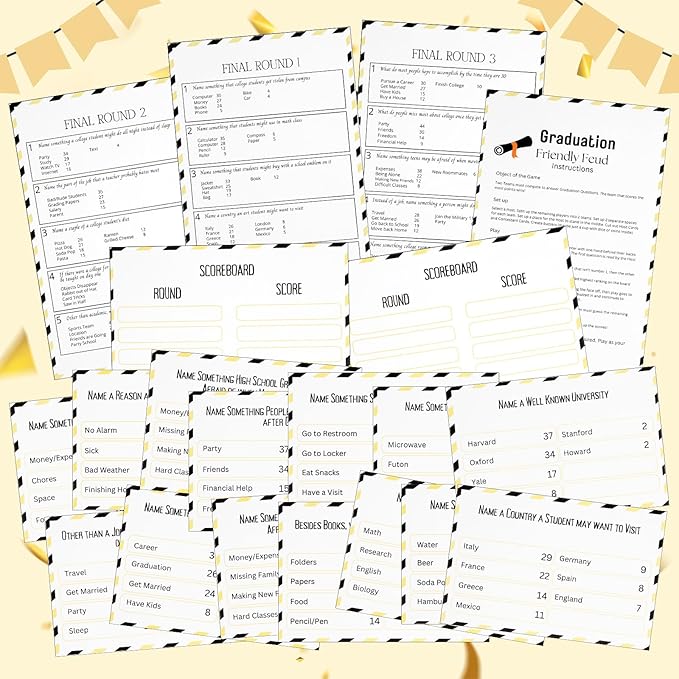 Graduation Friendly Feud Game with 2 Answer Buzzers Grad Feud Cards for Family Game Night Fun Trivia Quiz for Class Party Groups Clubs Team Building