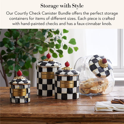 MACKENZIE-CHILDS Medium Enamel Canister Bundle with Small Enamel Canister, 48 and 38-Ounce Kitchen Containers, Black-and-White Courtly Check