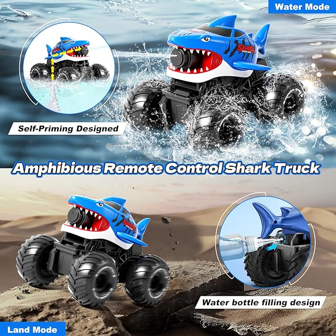Gesture Sensing Amphibious Remote Control Shark Monster Truck with Water Squirt 4WD 1:16 RC Car All-Terrain Waterproof RC Tank Pool Toy Outdoor Summer Gifts for Kids Age 6+（With 2 Replaceable battery)