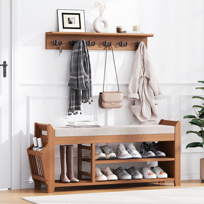 PETKABOO 39.4" Shoe Bench with Coat Rack Hidden Drawer and Side Holder, 2 Tier Entryway Bench with Storage, Bamboo Shoe Rack with Cushion for Entryway Hallway Living Room Bedroom
