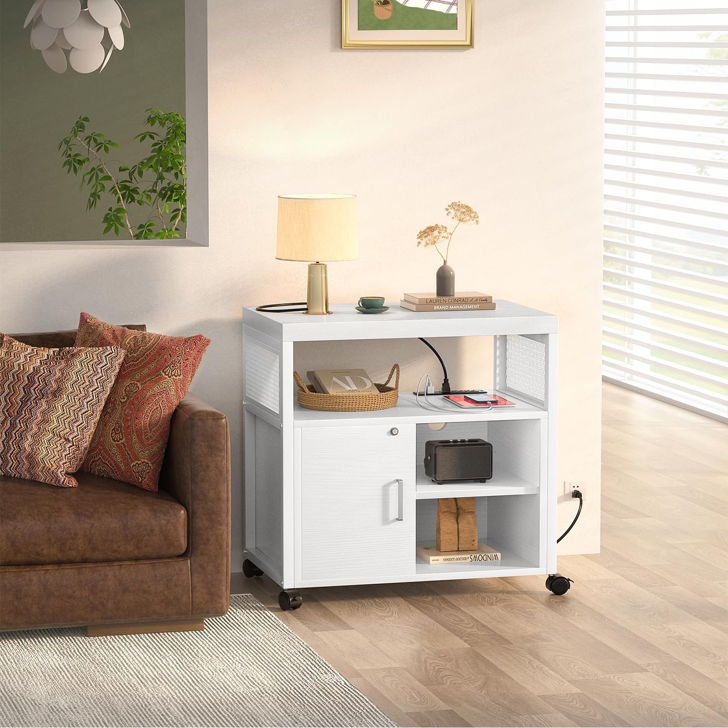 Unikito Rolling File Cabinet Lateral Office Filing Cabinets with Socket and USB Charging Port, Modern Printer Stand on Wheels, Printer Cabinet with Door and Open Storage, Lockable, White
