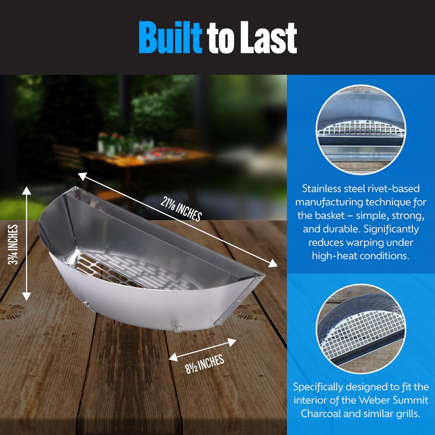 SnS Grills Slow ‘N Sear Charcoal Inserts for Low ‘N Slow & High-Heat Cooking - Patented Stainless Steel Accessories for Weber Summit and Similar Kettle Grills - Low Profile 22"