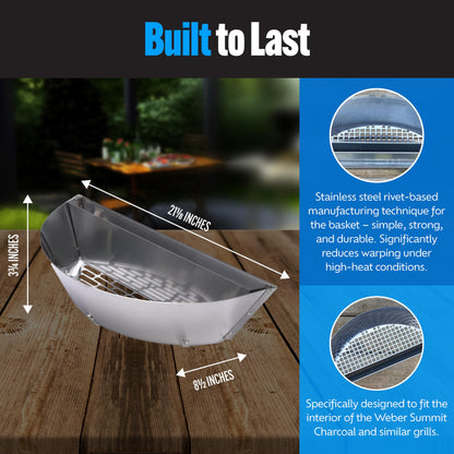 SnS Grills Slow ‘N Sear Charcoal Inserts for Low ‘N Slow & High-Heat Cooking - Patented Stainless Steel Accessories for Weber Summit and Similar Kettle Grills - Low Profile 22"