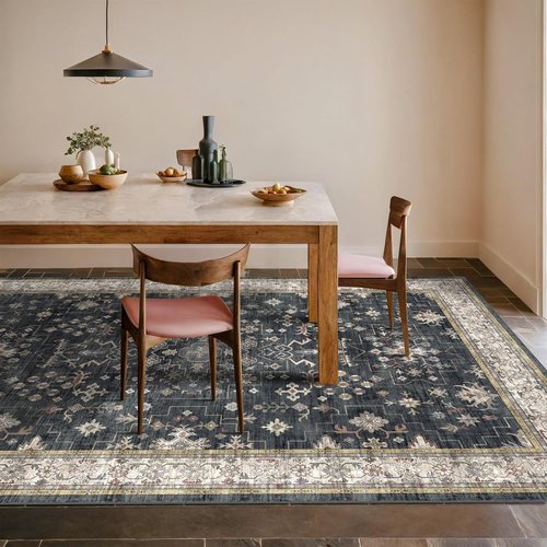 Hazo Haus Boho Area Rug - Washable Black Low Pile Non-Slip Dining Room Carpet | 6x8 Geometric Design