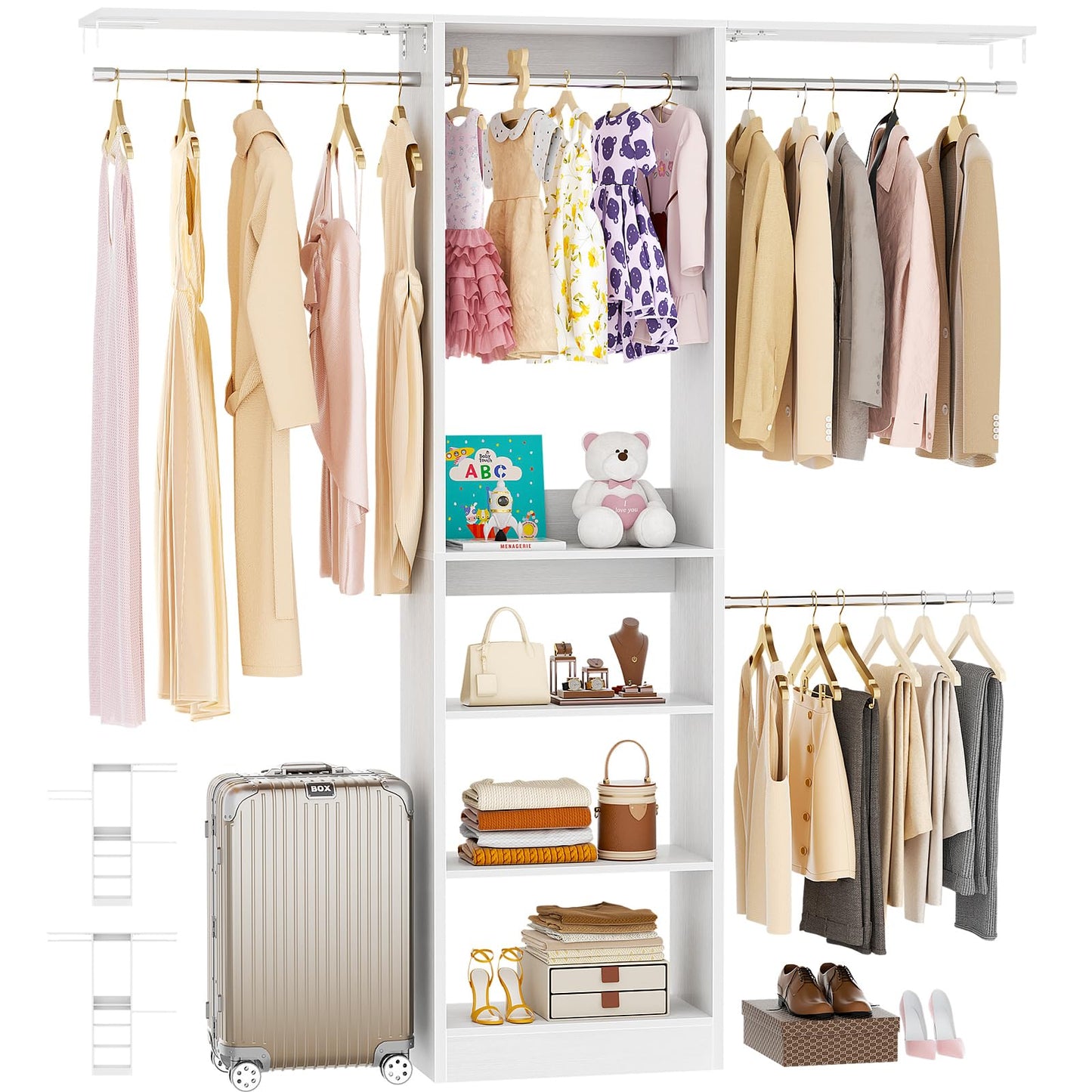 Besiost 48" Closet Organizer System, 4FT Closet System for Small Closets with 4 Hanging Rods & 3 Shelves, 80"H Small Closet Organizers and Storage for Bedrooms, Cloakrooms, White