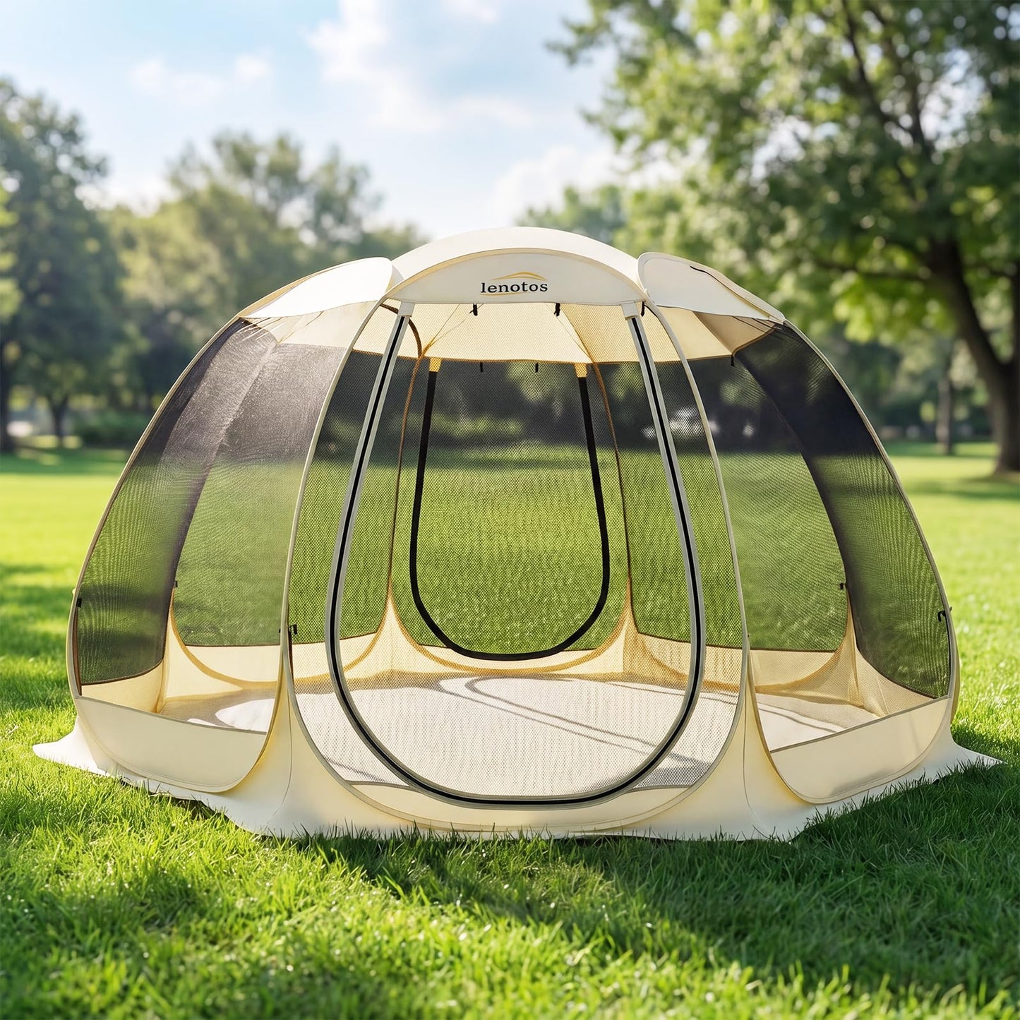 Lenotos Pop Up Screen House, 12.5'x12.5' Outdoor Screen Tent for Camping, Screened Gazebo with Mosquito Netting, Carry Bag