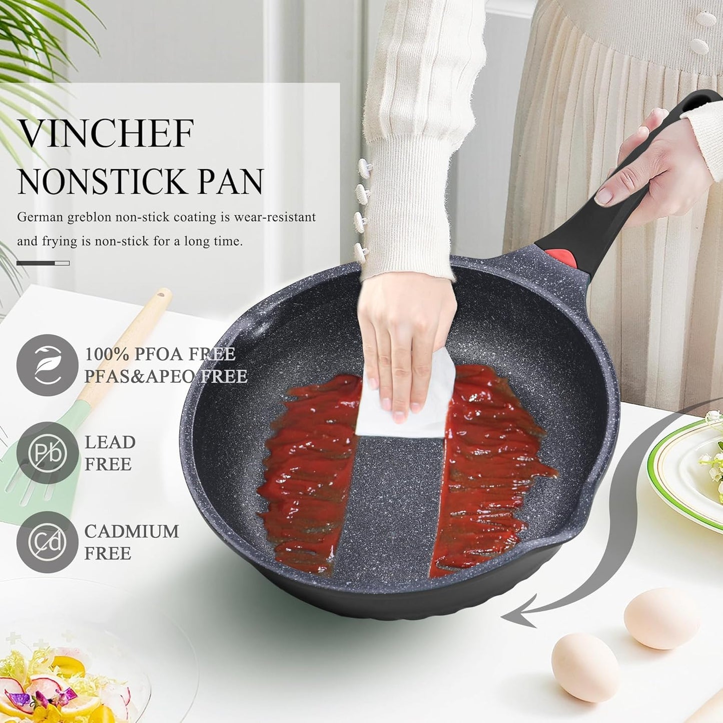 Vinchef Nonstick Skillet - 12.5In Aluminum Deep Frying Pan with Lid & Heat Indicator | Scratch-Resistant, Induction Compatible