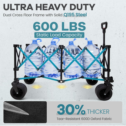 FUNDANGO Heavy Duty Collapsible Wagon 47" L x 24" W, 300L Large Capacity Foldable Cart with Big All-Terrain Wheels for Camping, Beach, Garden & Shopping
