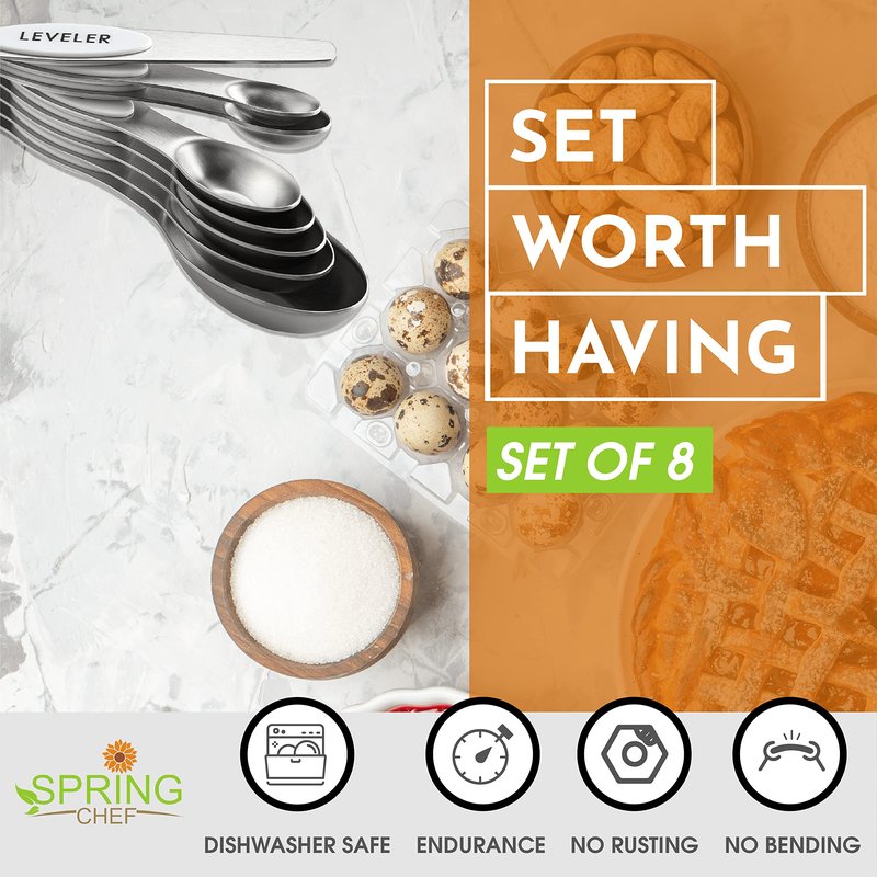Spring Chef White Stainless Steel Magnetic Measuring Spoons Set of 8 with Leveler, Dual Sided Metal Teaspoon & Tablespoon Measuring Spoons, Fits in Spice Jars, Kitchen Gadgets for Baking & Cooking