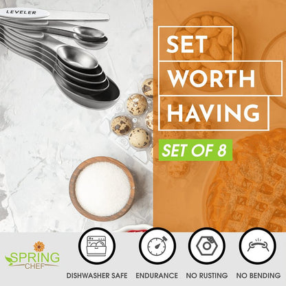 Spring Chef White Stainless Steel Magnetic Measuring Spoons Set of 8 with Leveler, Dual Sided Metal Teaspoon & Tablespoon Measuring Spoons, Fits in Spice Jars, Kitchen Gadgets for Baking & Cooking
