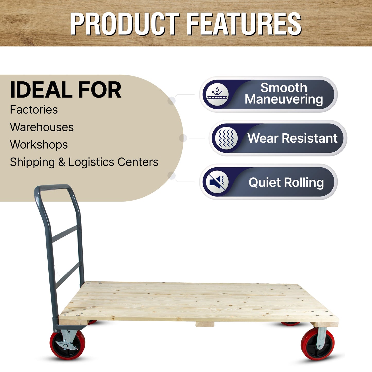 5Seconds Heavy Duty 3300LB Hardwood Flatbed Platform Cart – 60” x 30” Industrial Dolly Hand Push Truck, 8'' Swivel Locking Wheels – Super Heavy Duty Commercial Moving