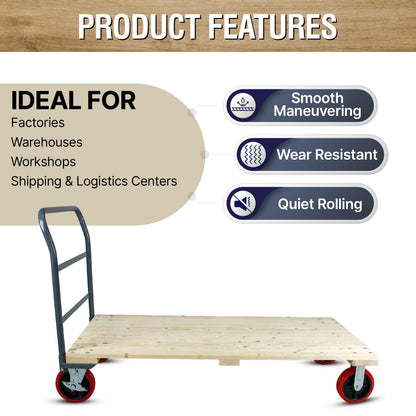 5Seconds Heavy Duty 3300LB Hardwood Flatbed Platform Cart – 60” x 30” Industrial Dolly Hand Push Truck, 8'' Swivel Locking Wheels – Super Heavy Duty Commercial Moving