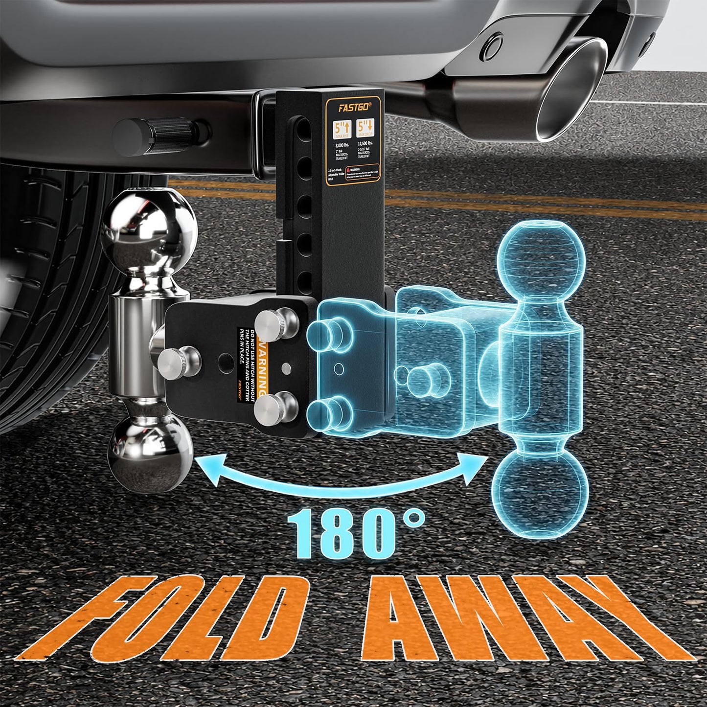 Fastgo Trailer Hitches - Fits 2" Receiver, Adjustable Trailer Hitch Ball Mount, Dual Ball (2" x 2-5/16") Tow Hitch, Drop Hitch, Truck Hitch, Anti-Theft, 5" Drop/Rise, 12500GTW