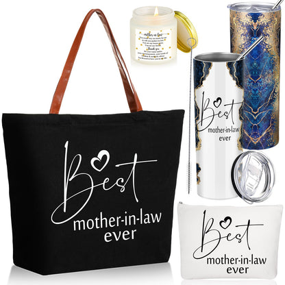 Domensi 4 Pack Mom Gifts Best Mother in Law Ever Gift Tote Bag 20oz Tumbler Cup Makeup Bag Mother in Law Scented Candle for Mothers Day Women(Navy Blue)