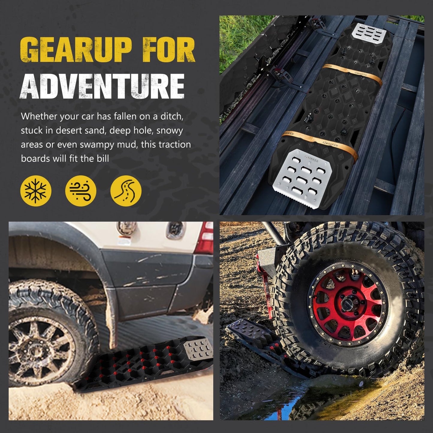 BUNKER INDUST Gen 11th Traction Boards with Mounting Kit, Pair Offroad Recovery Tracks with Jack Base for 4X4 Jeep Truck Tire Traction-Sand,Mud, Snow Ramps (Black)