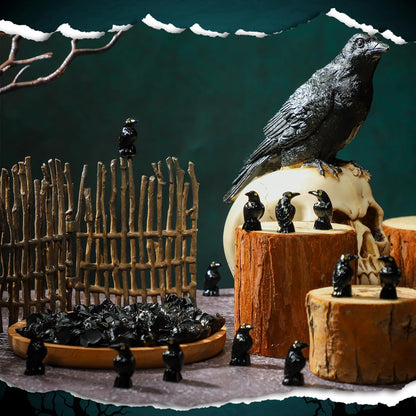 Regine Switzerland Miniature Crows Decor - 150 Pcs Black Resin Raven Figurines for Spooky Holiday Scenes