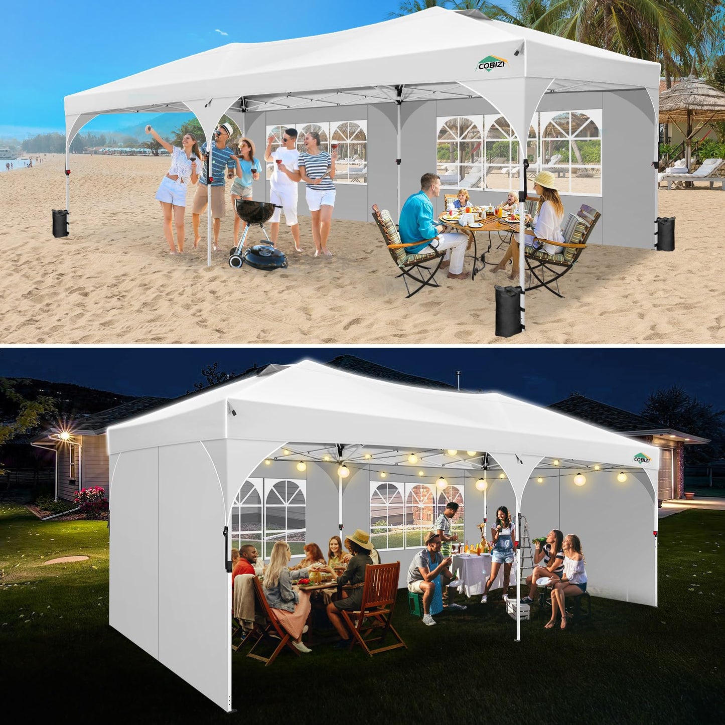 COBIZI 10x20 Pop Up Canopy Tent, Outdoor Party Tent with 4 Sidewalls, 1 Person Easy Set up, Tents for Parties with Fluorescent Strip & 4 Sandbags, Waterproof UPF50+, 3 Adjustable Height, White