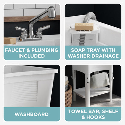 Zenna Home Utility Sink Laundry Tub with Pull-Out Faucet, All-in-One Freestanding Utility Tub for Laundry Room, Basement, Garage, Outdoor Kitchen, 24" L x 24" W x 36.75" H, White