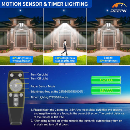 Deepn Solar Lights Outdoor, 7000W Solar Street Lights Outdoor with Motion Sensor, IP66 Waterproof Street Area Security Lights with Remote, Dusk to Dawn Solar Flood Lights for Garage Outside, 3 Pack