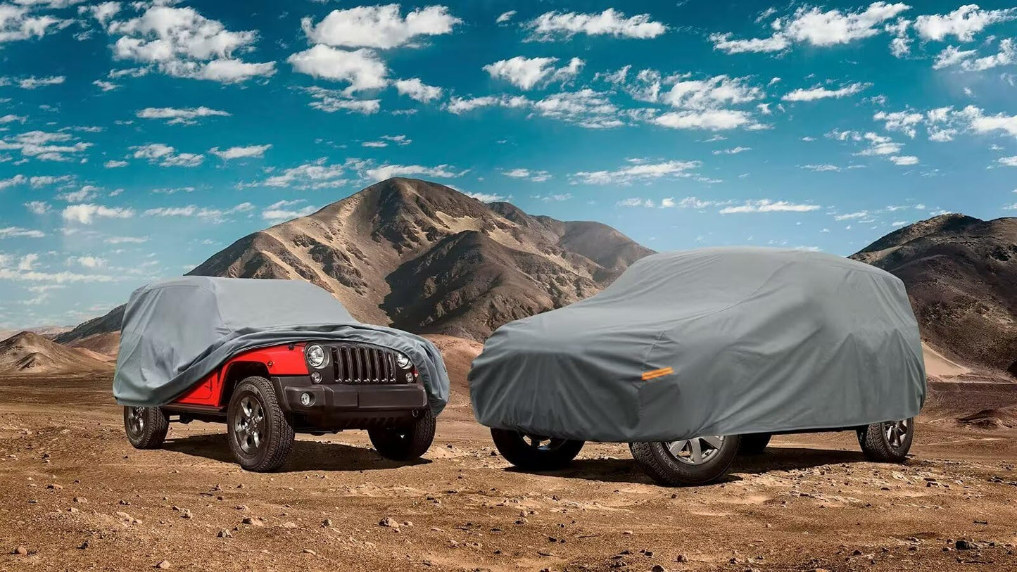 Kayme Heavy Duty Jeep 4dr Car Cover, Custom Fit Jeep Wrangler Unlimited 4 Door JK JL Rubicon/Sahara,etc Waterproof All Weather for Automobiles, Full Car Cover - Sun, Rain & UV Protection