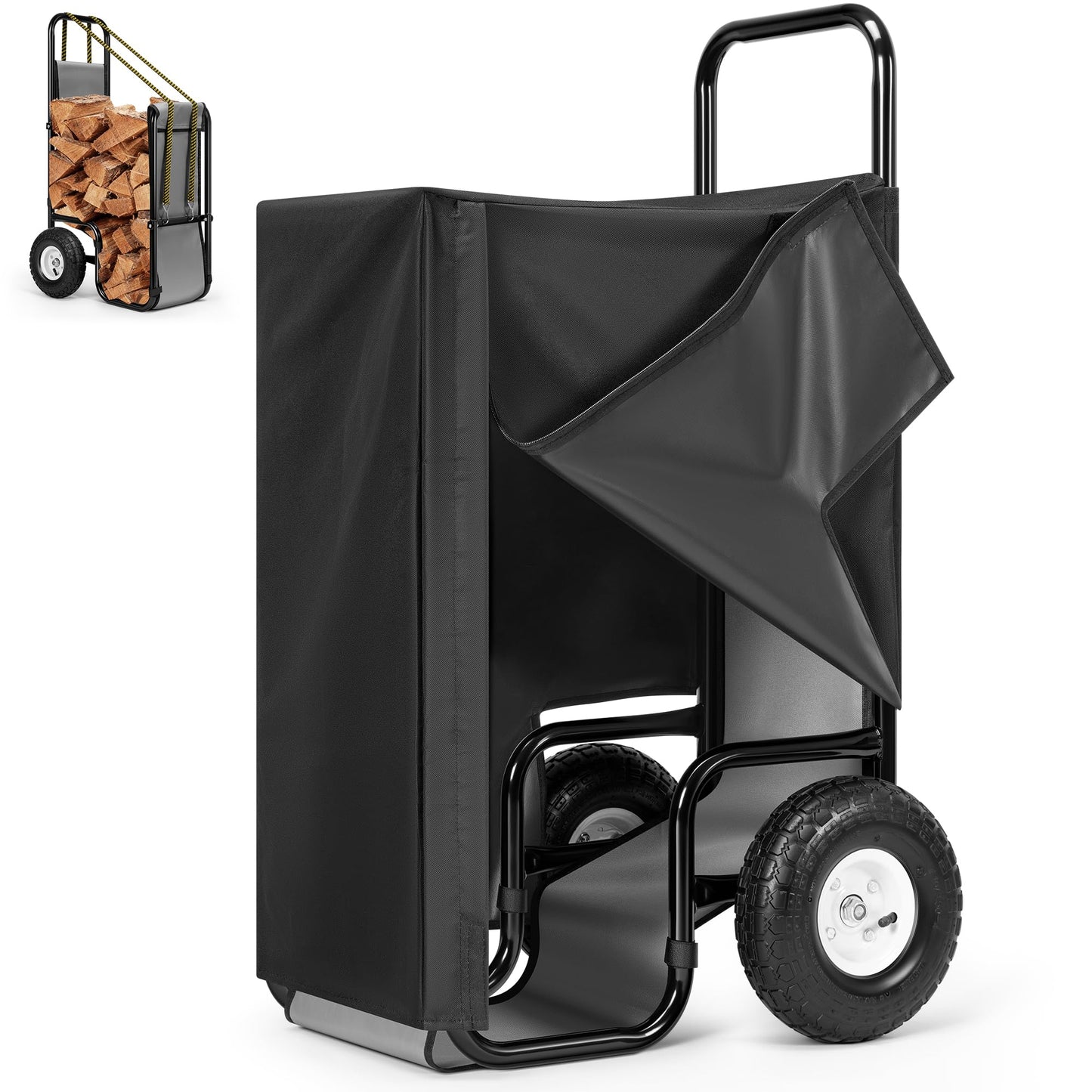 VIVOHOME Firewood Log Cart Carrier with Cover and 600D Oxford Cloth, 250 LB Capacity Heavy Duty Steel Log Carrier Dolly Hauler, Rolling Wood Rack Storage Mover for Easy Transport Indoor Outdoor Use