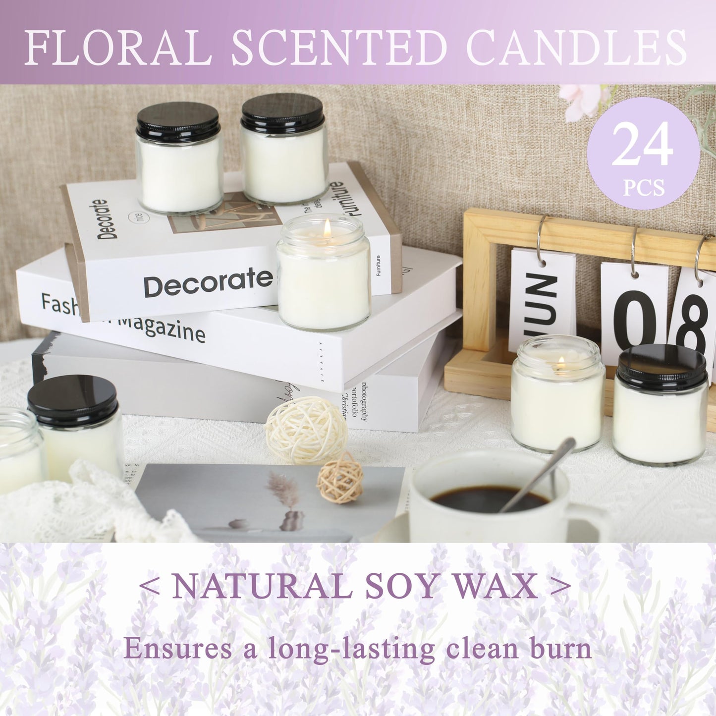 Cmoott 24 Pcs 4 Oz Mason Jar Candles, Lavender Scented Soy Candles Bulk Set for Stress Relief and Relaxation, Great Favors for Wedding, Christmas, Housewarming Gifts (Black, Lavender, 24)