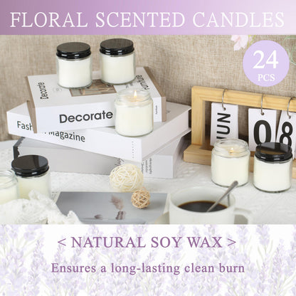 Cmoott 24 Pcs 4 Oz Mason Jar Candles, Lavender Scented Soy Candles Bulk Set for Stress Relief and Relaxation, Great Favors for Wedding, Christmas, Housewarming Gifts (Black, Lavender, 24)