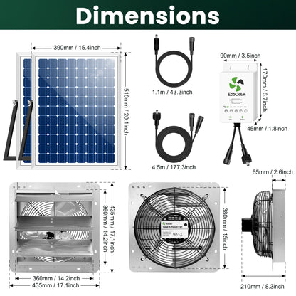 ecoCalm 14" Solar Exhaust Fan for Greenhouse with Battery and Adjustable Thermostat, Attic Fans for Garage and Shed with 2PCS 30W Bifacial Solar Panels
