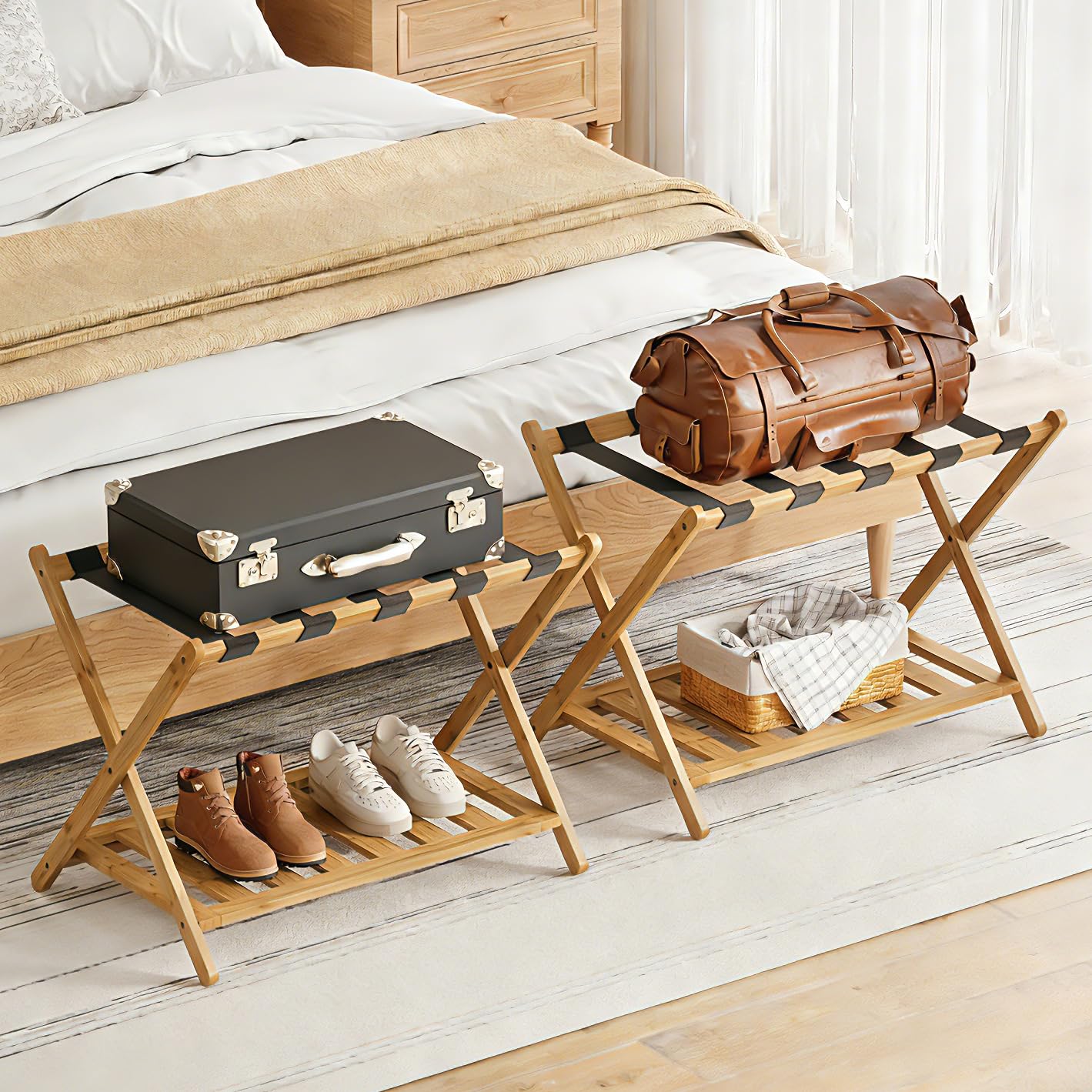 BAMBOOHOMIE Full Assembled Luggage Rack Set of 2, Bamboo Luggage Holder Rack for Guest Room, 26.77" L Folding Suitcase Stand with 5 Nylon Straps & Storage Shelf for Bedroom Hotel (2 Pack - Natural)