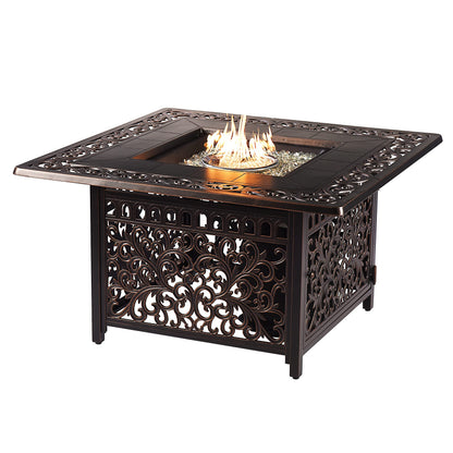 Oakland Living Square 42 in. x 42 in. Aluminum Propane Fire Pit Table with Glass Beads, Two Covers, Lid, 57,000 BTUs in Copper Finish