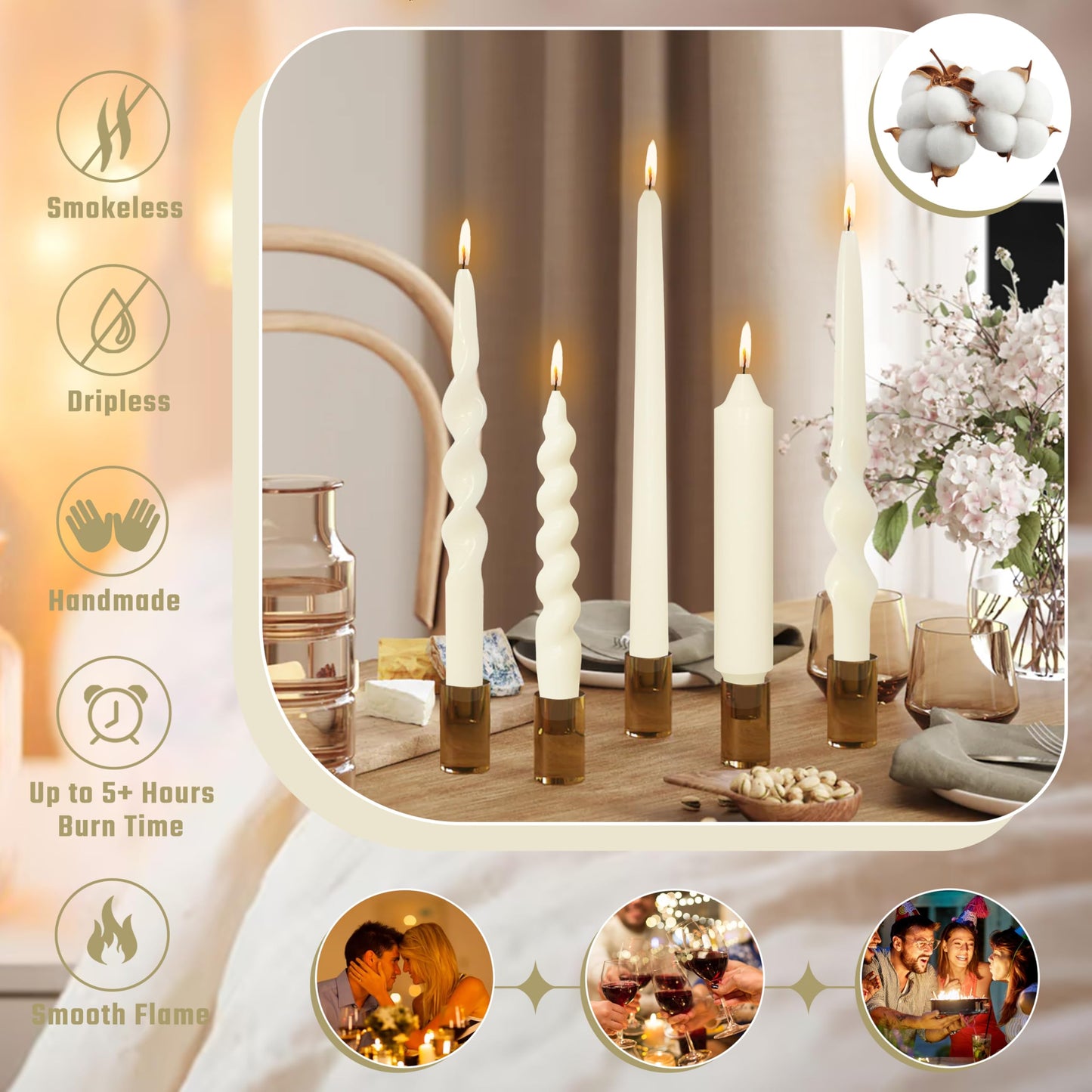 10 Inches Spiral Taper Candles Sticks Ivory Twisted Candle Dripless Unscented Long Candles, Handmade Candlesticks for Wedding Dinner Decor, Set of 4