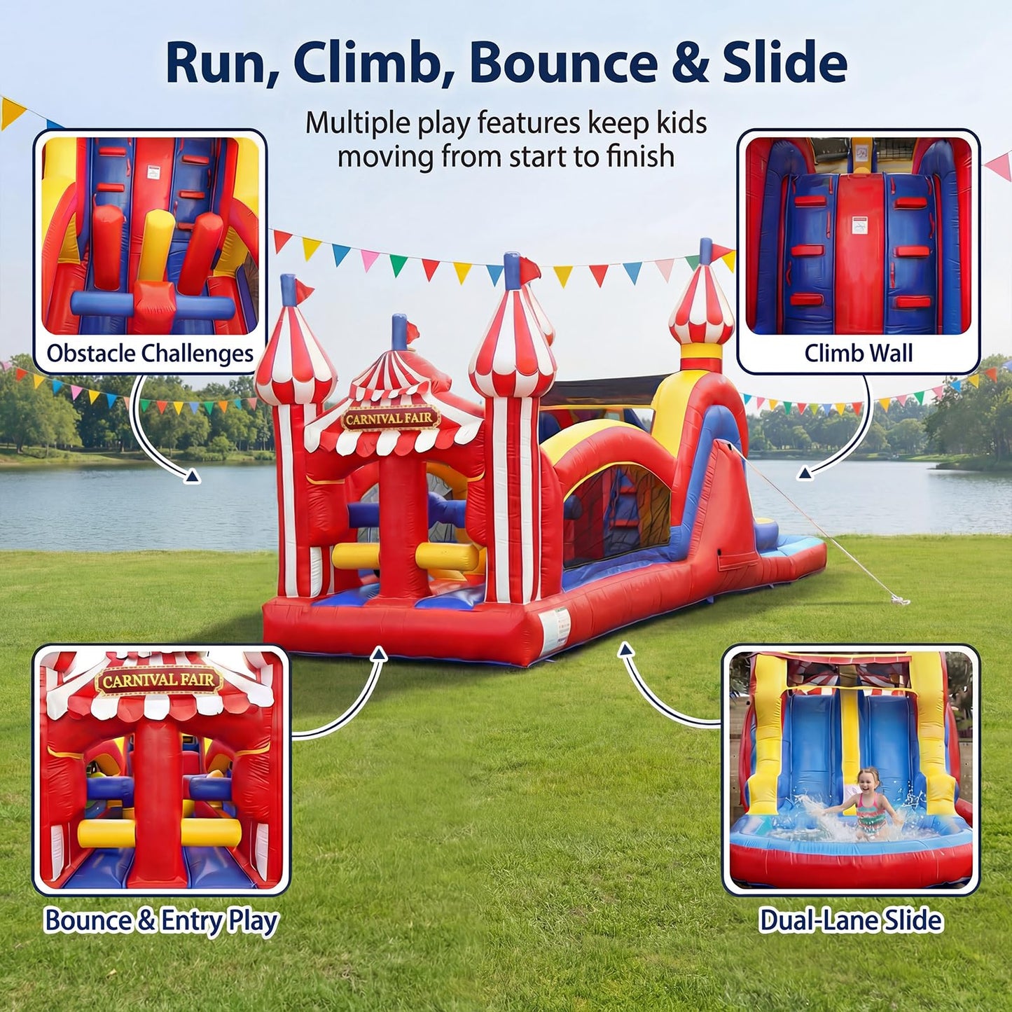 WONDER DOME 28FT Carnival Obstacle Course Water Slide, Wet/Dry Inflatable Bounce House with Climbing Wall, Obstacles & Dual Slides, Commercial-Grade PVC, Blower Included
