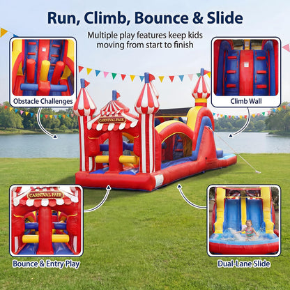 WONDER DOME 28FT Carnival Obstacle Course Water Slide, Wet/Dry Inflatable Bounce House with Climbing Wall, Obstacles & Dual Slides, Commercial-Grade PVC, Blower Included