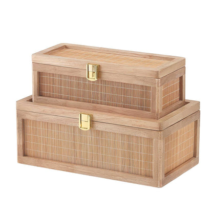 HuiDao Rattan Decorative Box, Boho Display Boxes with Lids, Set of 2 Rectangular Wicker Storage Basket, Natural Woven Cane Bins for Home Decor (Rectangular)