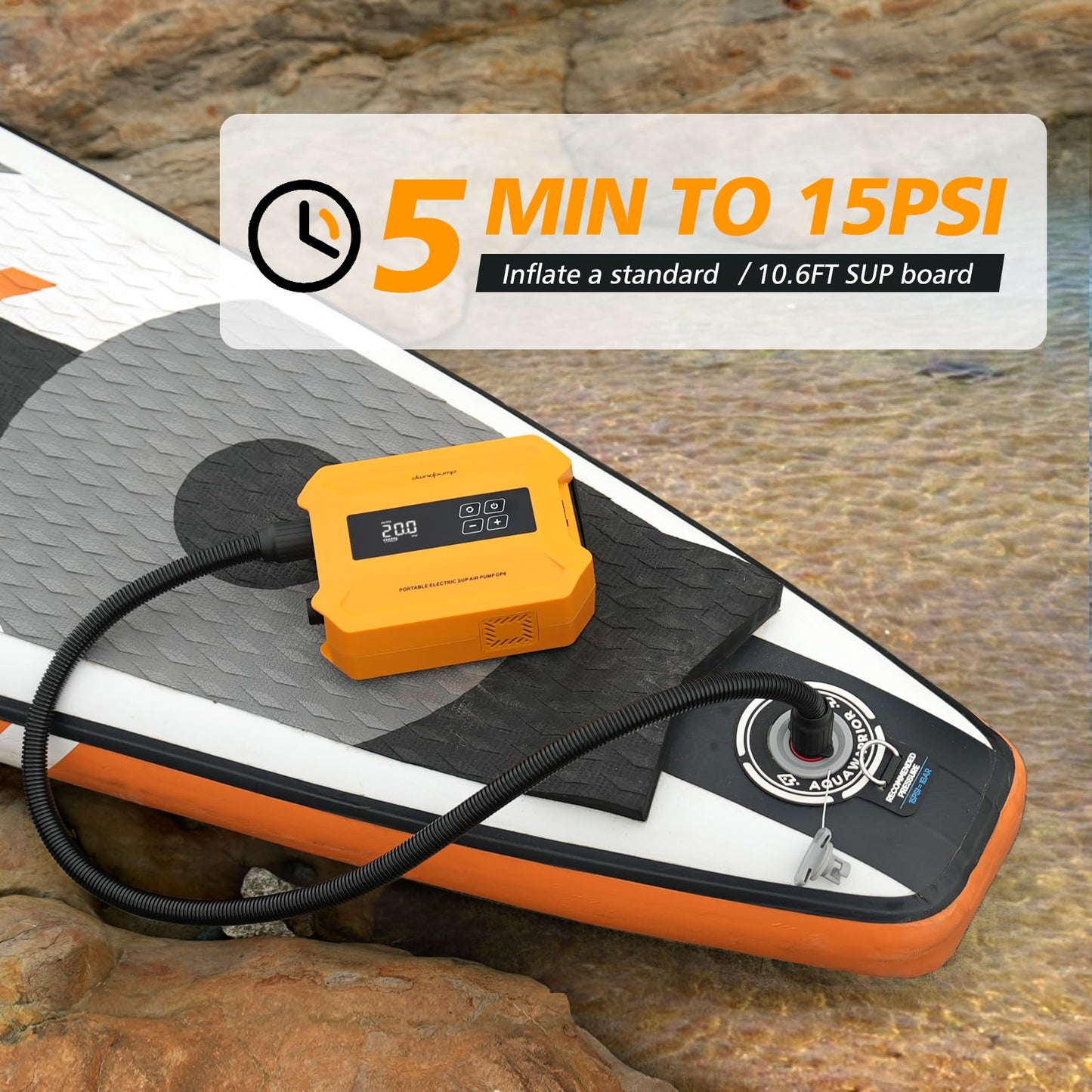 dwndpump Paddle Board Pump Electric Portable, 20PSI High-Pressure SUP Pump, Intelligent Dual-Stage Inflation Deflation Function, Auto-Off, LED Display, Air Pump for Paddleboards, Inflatable Boat Tents
