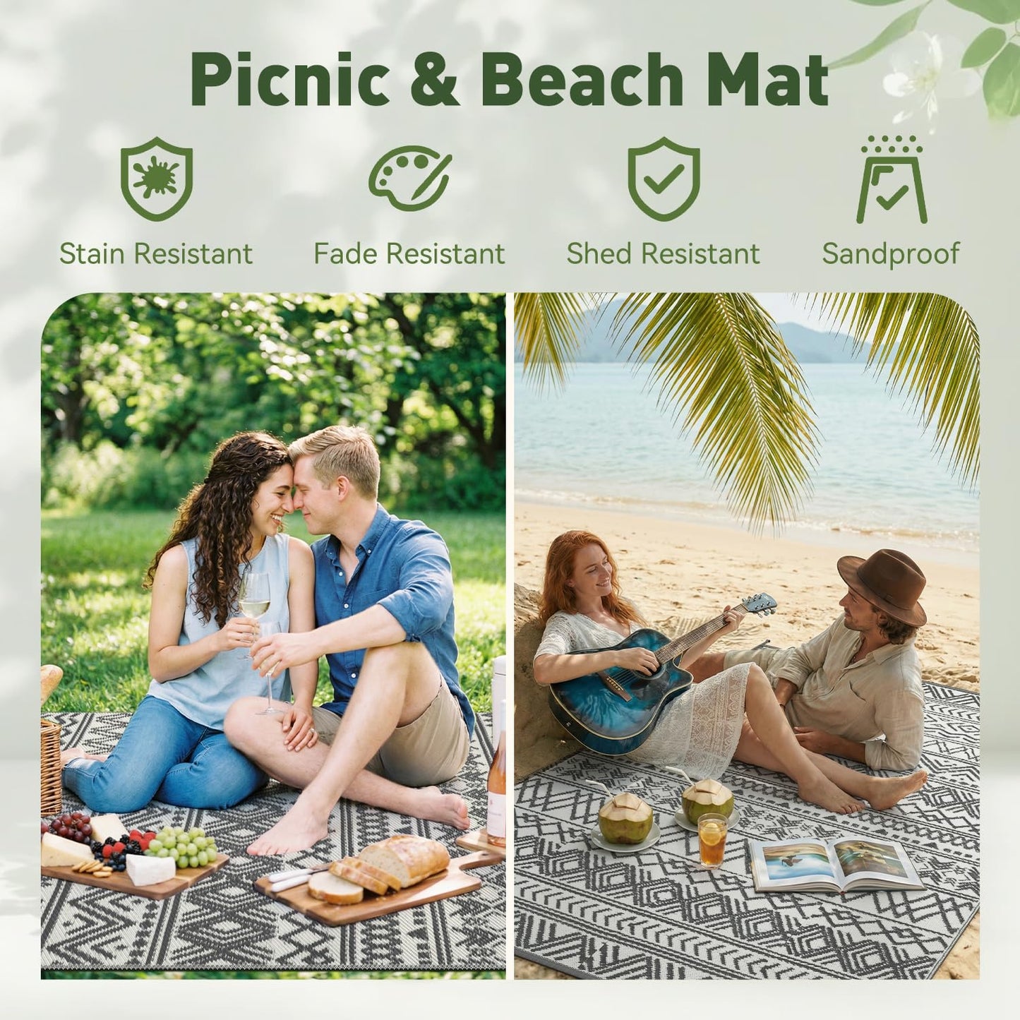 MontVoo Outdoor Rug Carpet Waterproof 10x14 Outdoor Patio Rug Mat Reverisble Plastic Straw Outdoor Rugs for RV Camping Picnic Beach Balcony Boho Grey Large