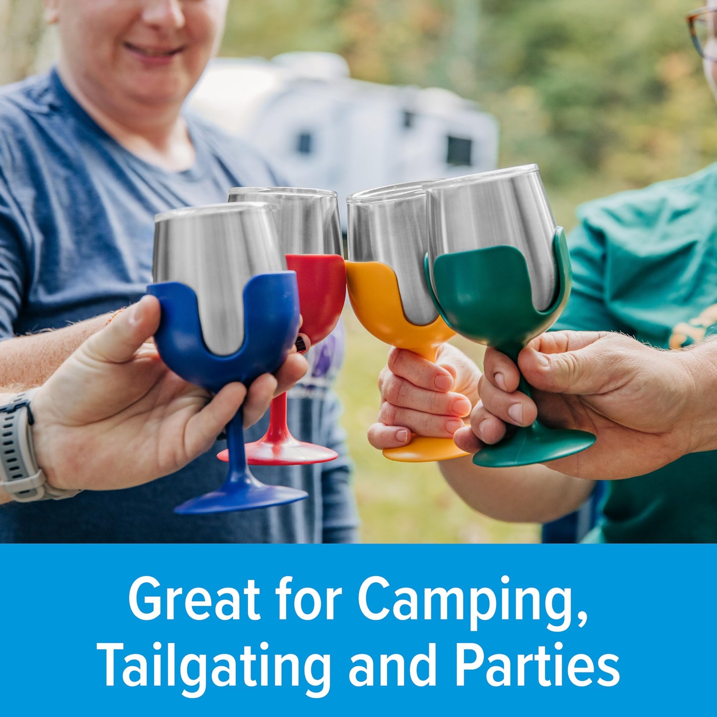 Camco Life is Better at The Campsite Stainless Steel Wine Tumbler 4-Pack - Features Heavy Duty Double Wall Vacuum Insulation & Removable Navy, Red, Green & Yellow Stems - Holds 8-oz Each (53465)