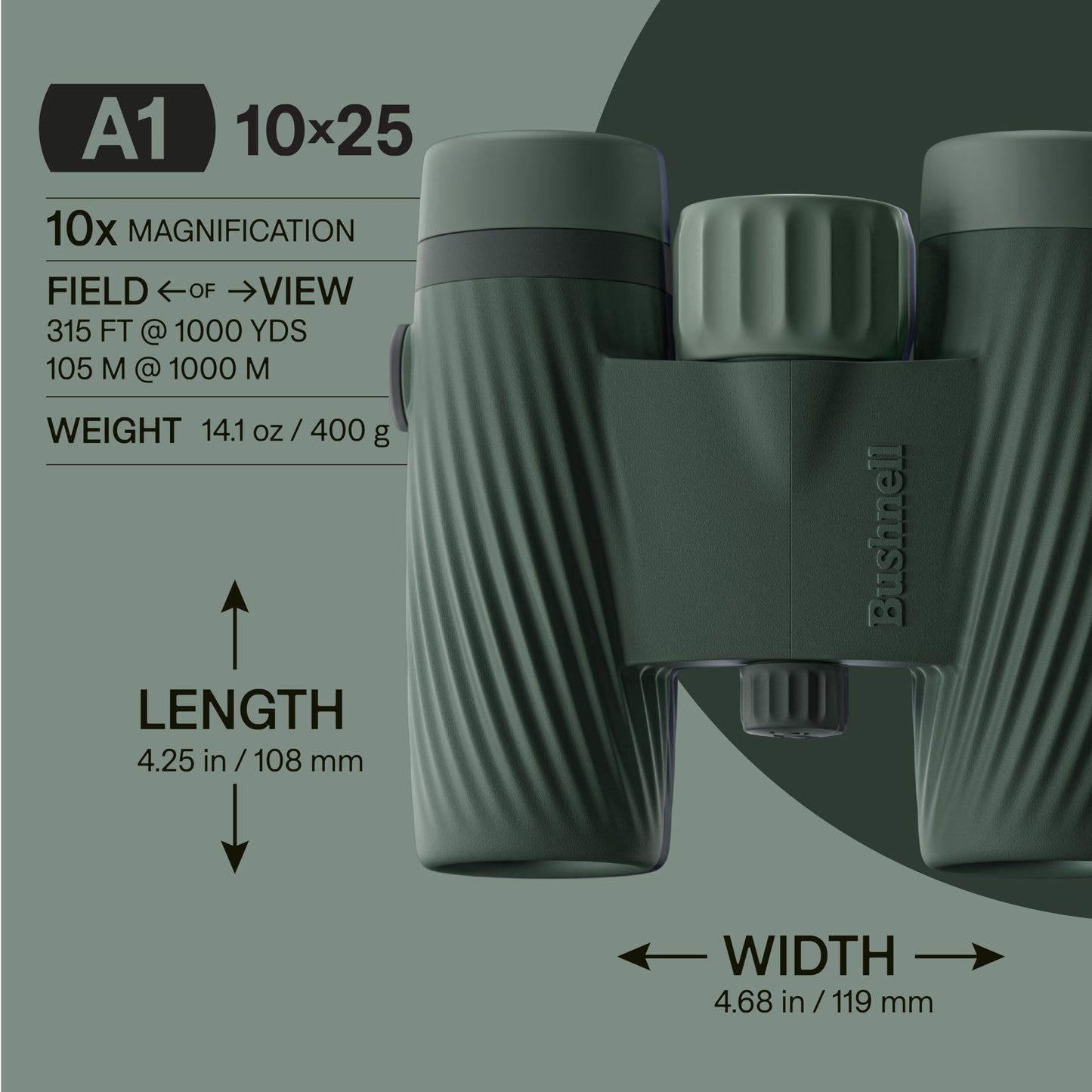 Bushnell A1 10x25 Compact Binoculars for Adults & Kids, Waterproof, Fogproof, 10X Magnification, Fully Multi-Coated Lenses & Rubber Armor - Cilantro Green