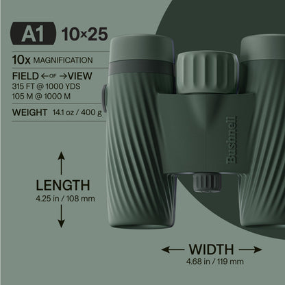Bushnell A1 10x25 Compact Binoculars for Adults & Kids, Waterproof, Fogproof, 10X Magnification, Fully Multi-Coated Lenses & Rubber Armor - Cilantro Green